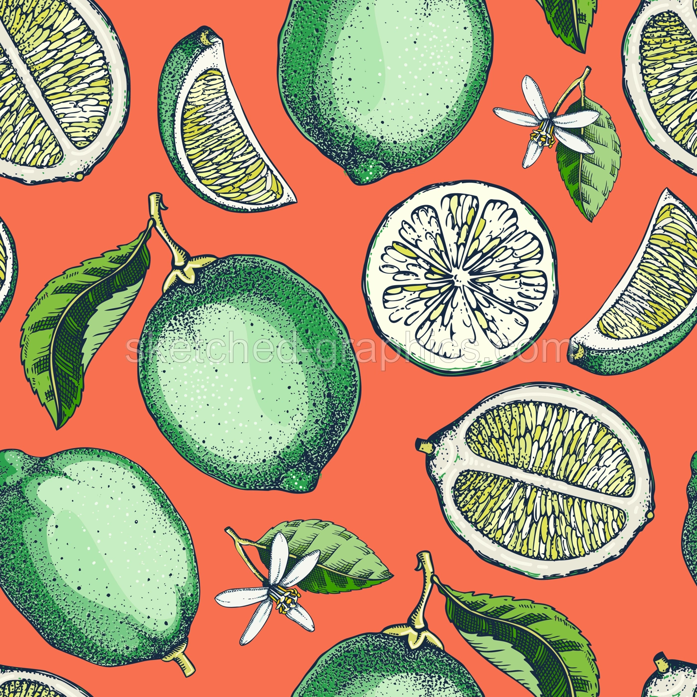 Lime fruit background. Citrus fruit sketches. Watercolor style botanical design. Exotic plants seamless pattern. Hand-drawn vector illustration. NOT AI generated Illustration